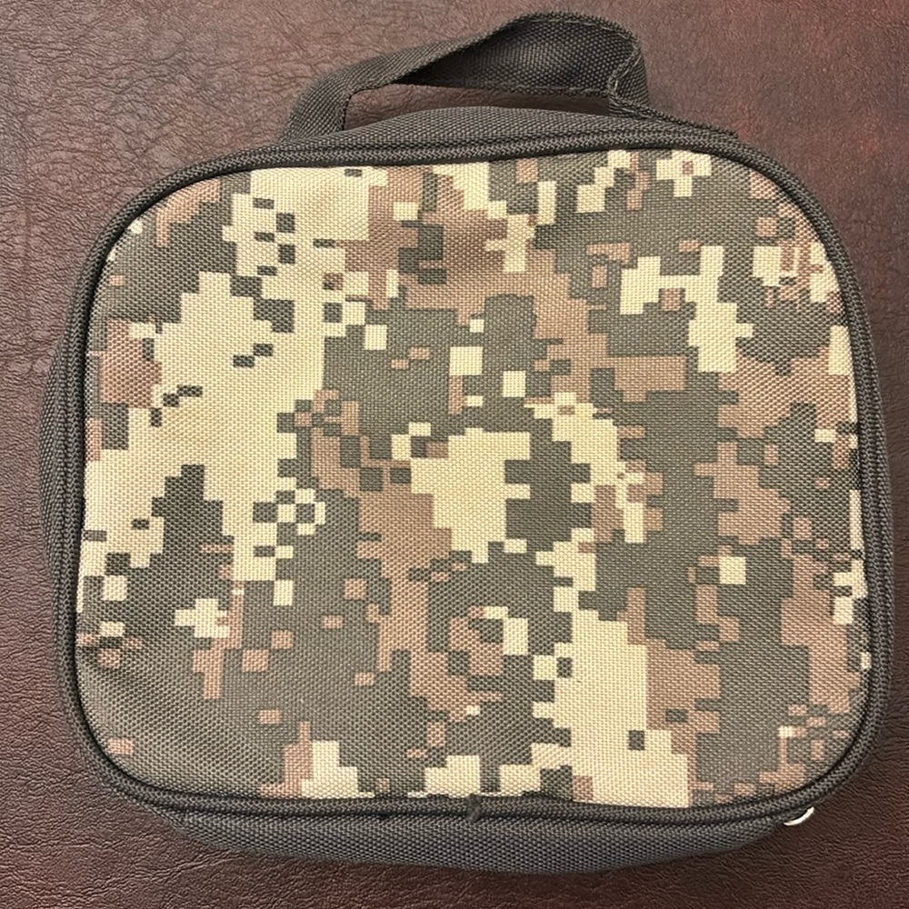 Travel accessory case, brown/army green/tan pattern. - Picture 1 of 6